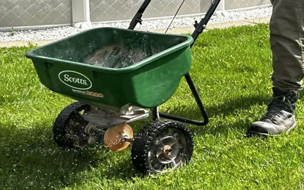 Un emplyé s'affaire à la Fertilisation de la pelouse